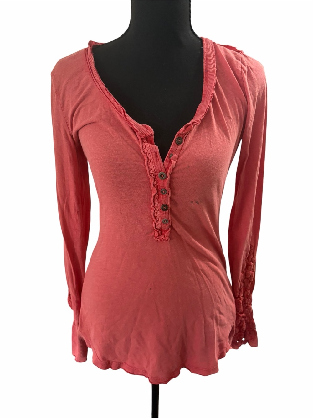Source Unknown Dusty Rose Long Sleeve Henley Top with Lace Trim